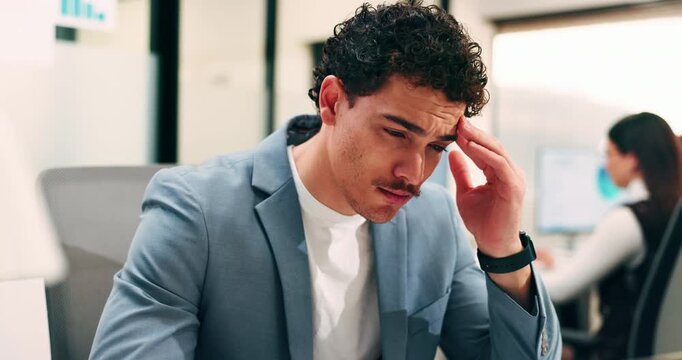 Headache, tired or man in office with pressure, brain fog or audit mistake on budget report. Burnout, coworking or finance analyst with laptop, migraine fatigue or bookkeeping error in cost review.