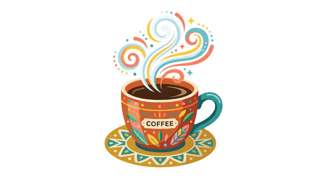 Whimsical coffee illustration featuring a steaming mug and colorful decorative pattern on a saucer.