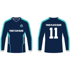 Dark blue and cyan long sleeve esports jersey template with v neck, template © FATEMA