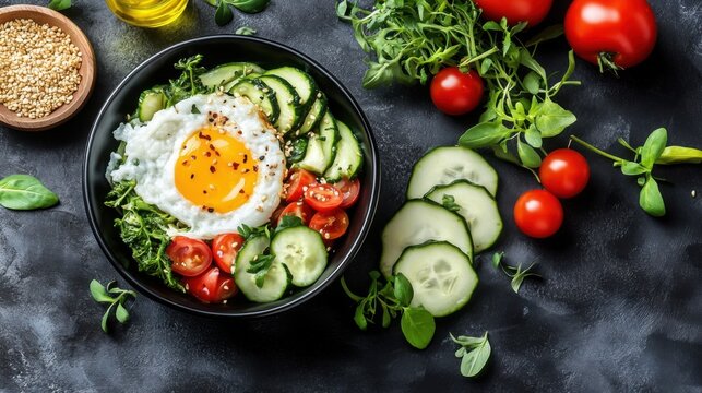 Healthy Bibimbap Bowl with Fried Egg and Fresh Vegetables