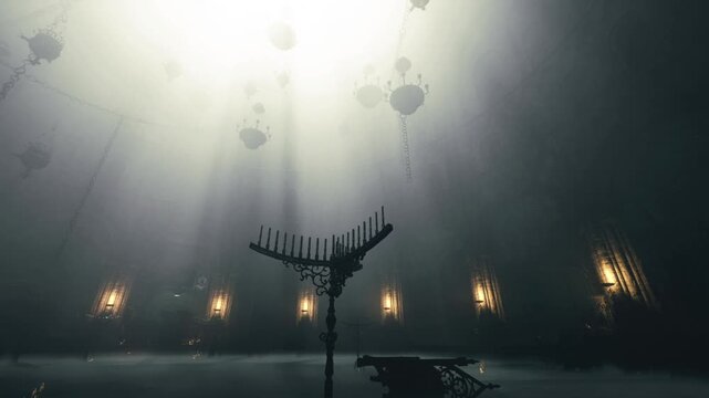 Menorah silhouette under muted skylight beams, soft dust motes, quiet sanctuary mood, composition emphasizes vertical light and isolated ritual object