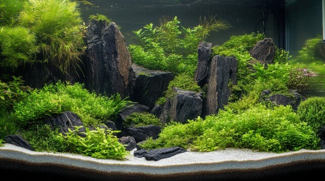 Lush Freshwater Aquarium Aquascape with Rocks and Plants