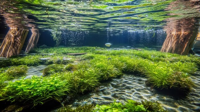 Lush Underwater Aquascape with Sunlit Surface Reflections