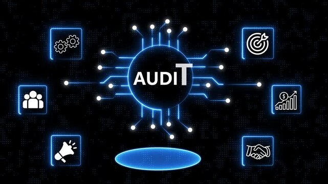 AUDIT Management Business Network Animation with Connected Icons and Glowing Central Circle in 4K Digital Analytics Network with Business Strategy Icons Motion Background.