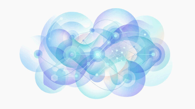 Abstract network of interconnected circles and nodes in cool blue and purple tones with a bright center light