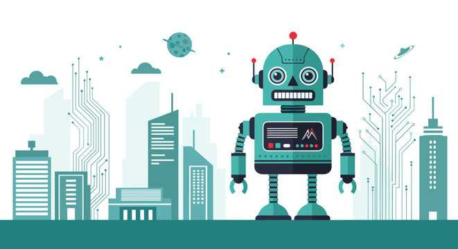 Friendly green robot stands in a futuristic city landscape with tall buildings, clouds, and circuit board patterns in the sky above the horizon.