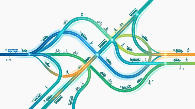 Abstract illustration of diverse transportation modes on a complex road network symbolizing urban mobility and connectivity