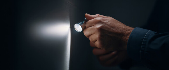 Naklejka premium Hand Holding Flashlight Against Wall