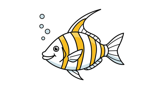 Cheerful cartoon fish with yellow and white stripes and tiny blue bubbles rising up on a plain white background.