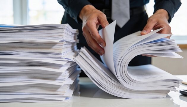 Businessman reviewing large stack of documents, paperwork overload, bureaucracy and office administration.