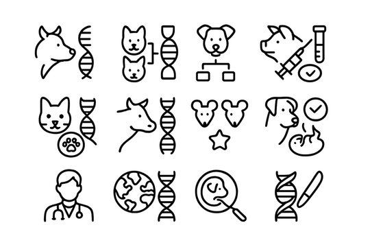 Pet genetics and veterinary icons: dna, dogs, cats, health symbols