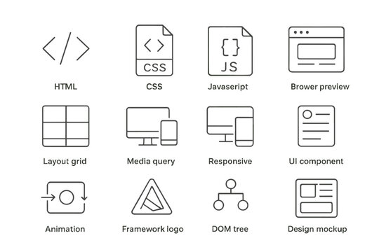 Web development icons set: html, css, javascript, ui components, responsive design