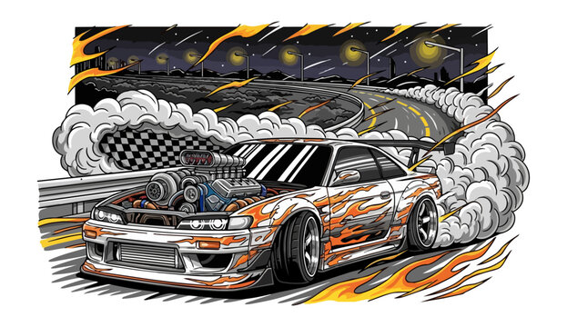 Racing car drifting on paved road with dramatic smoke and flames illustration