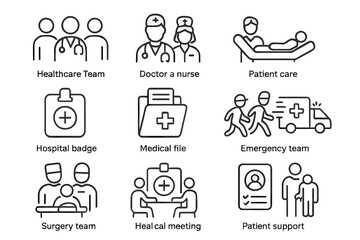 Fototapeta premium Healthcare icons: medical team, patient care, emergency, hospital services