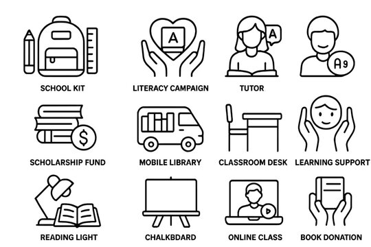 Education icons representing school tools and learning support initiatives
