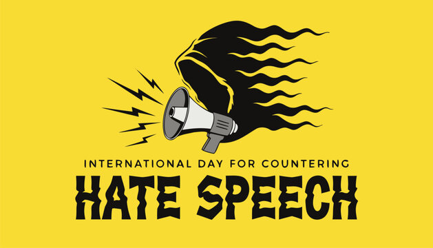 Hooded figure holding a megaphone for international hate speech awareness day