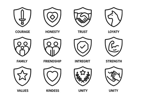 Various emblems representing values and traits in a shield design