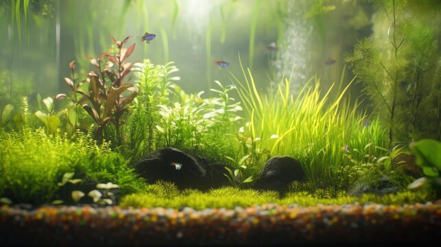 Vibrant Freshwater Aquarium Ecosystem With Lush Plants and Fish