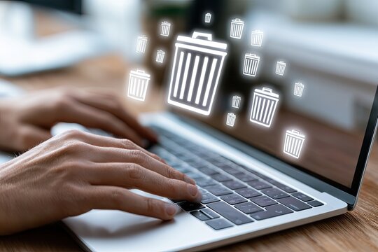 Illuminated trash icons float above a laptop as hands type