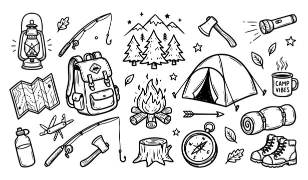 Camping, Hiking, and Outdoor Adventure Hand-Drawn Doodle Icon Set Featuring Tent, Backpack, Campfire, Mountains, and Trekking Gear Symbols for Nature Tourism Branding