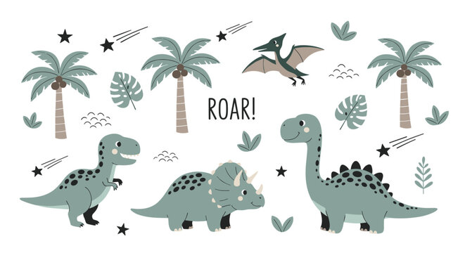 Charming collection of cartoon dinosaurs palm trees and shooting stars creates a playful prehistoric scene for kids design.