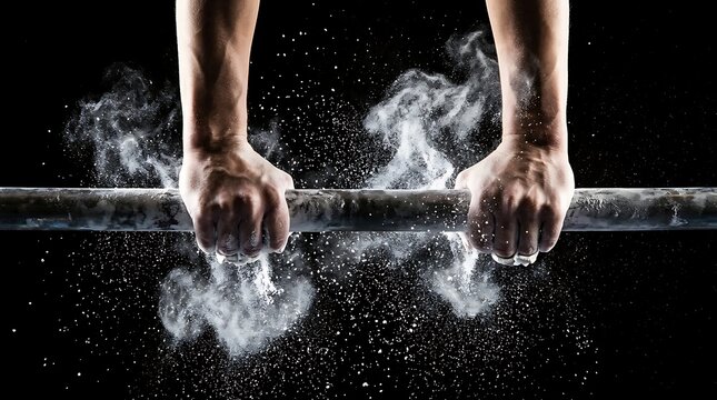 Closeup of athlete hands gripping a metal bar with chalk dust exploding in the air