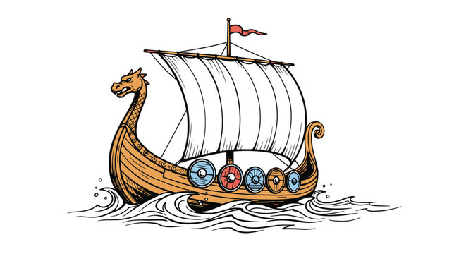 Highly detailed illustration of a wooden Viking longship with a dragon head prow sailing on choppy ocean waves.
