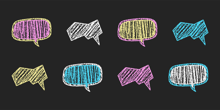 Colorful chalk doodle speech bubbles on blackboard with rough texture.