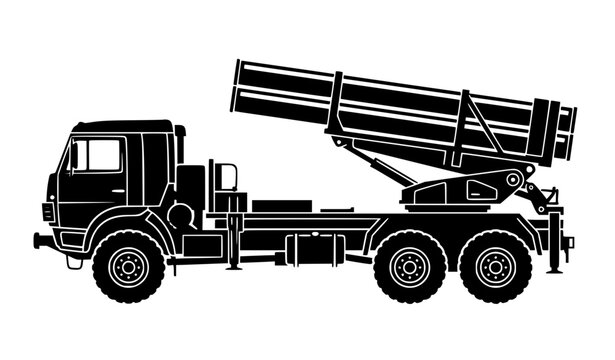 Multiple Launch Rocket System (MLRS) Military Truck Black Silhouette Featuring Mobile Artillery Weapon, Rocket Launch Tubes, and Heavy Armored Vehicle Design