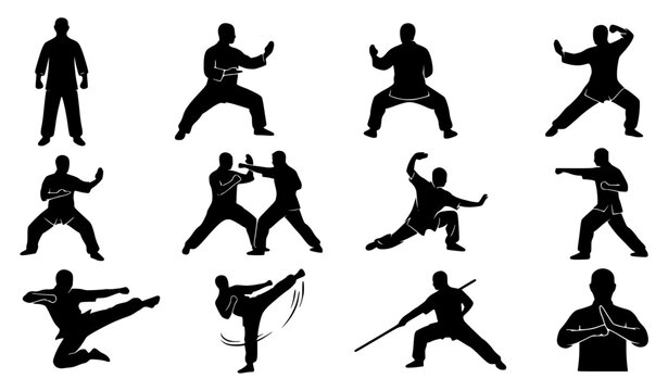 Kung Fu, Tai Chi, and Wushu Martial Arts Black Silhouette Icon Set Featuring Traditional Stances, Sparring, Weapon Training, Kicking, and Greeting Poses for Dojo Branding
