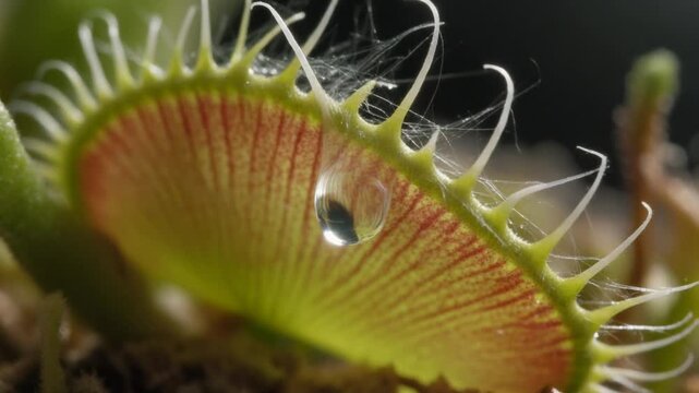 Venus flytrap plant leaves glistening with a clear morning dew drop in motion video clip