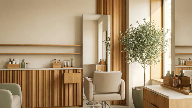 Warm Sunlit Modern Beauty Salon Interior with Mirror Styling Chair and Olive Tree Radiating Luxury and Serenity Perfect for Salon Advertising Beauty Presentation and Spa Website Background