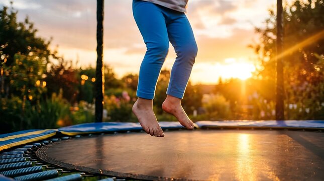 Child jumping on a trampoline in the backyard during a beautiful sunset