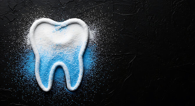 White Blue Tooth Shape Made from Sugar and Glitter Powder on Black