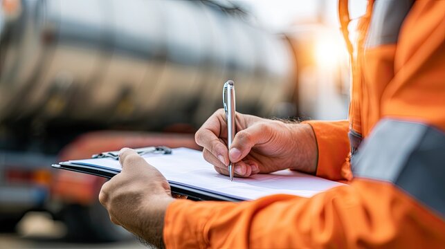 Worker in high-visibility clothing inspects fuel tanker, noting details on clipboard
