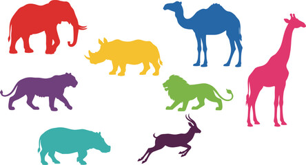Wild Animal Silhouette Collection Set with Elephant Rhino Camel Giraffe Lion Tiger Hippo and Antelope © Fahim's World
