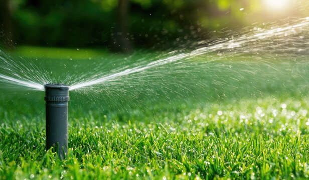 Sprinkler head irrigating lush green grass with shimmering water droplets in sunlight
