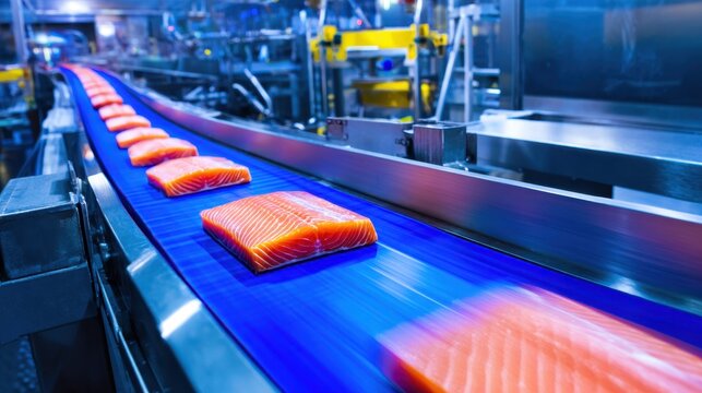A conveyor belt moves fresh salmon fillets through a modern food processing facility