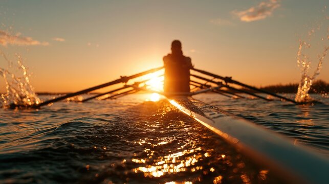 Silhouetted rowers glide across water at sunrise, oars creating spray