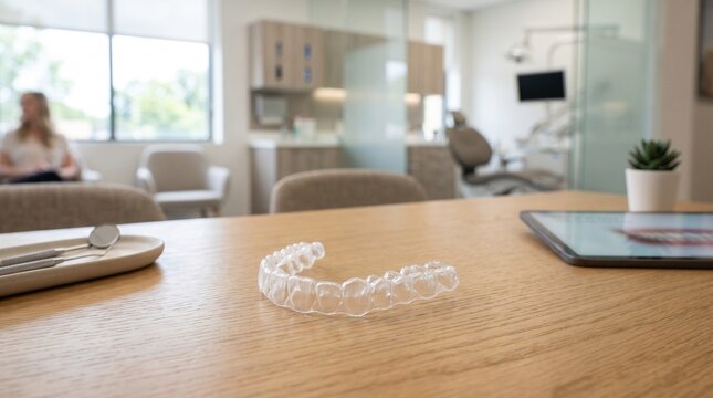 Clear plastic orthodontic aligner resting on a wooden desk inside a modern dental clinic, dental care, orthodontic treatment, perfect smile.