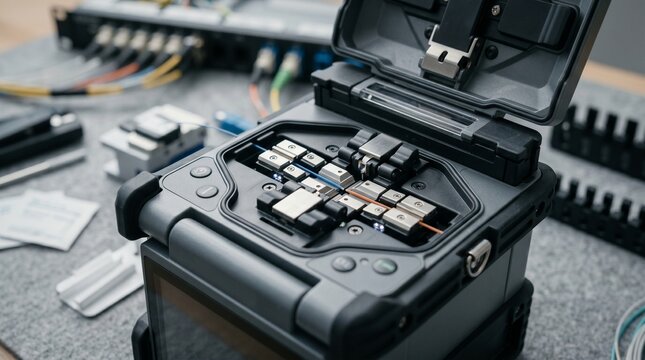 Detailed view of a fiber optic fusion splicer machine holding blue and orange wires on a grey surface, telecommunications engineering, digital network connection, IT infrastructure.