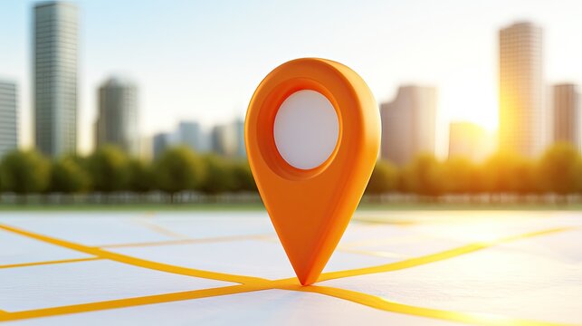 Orange map pin on a stylized map with city skyline background