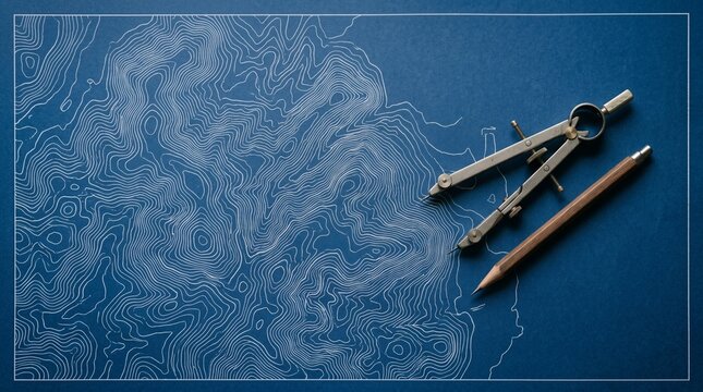 Metal drafting compass and wooden pencil resting on a blue topographic contour map, architectural planning, cartography concept, geographic design.