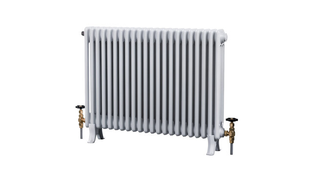 White cast iron radiator with brass valves