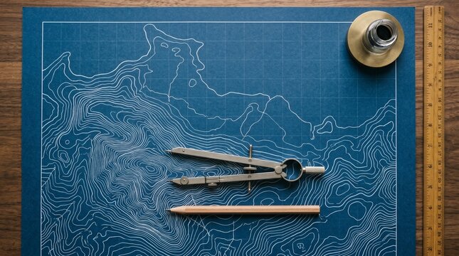 Drafting compass, pencil, ruler, and brass inkwell arranged on a blue topographic contour map over a wooden desk, cartography concept, geographic design, engineering layout.