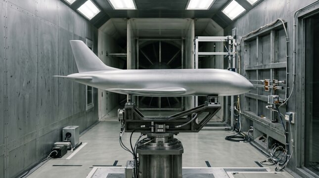 Silver airplane scale model mounted on a testing stand inside a high tech aerodynamic wind tunnel facility, aerospace engineering, aviation technology, industrial testing.