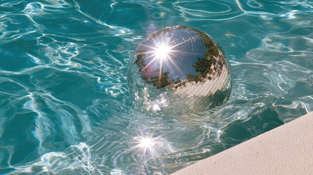 Glittering sphere floats on shimmering blue pool water, reflecting sunlight