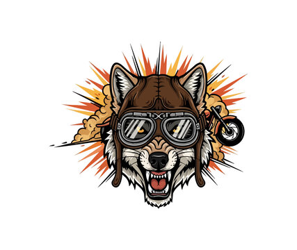Illustration of a wolf wearing goggles and a leather jacket against a black background