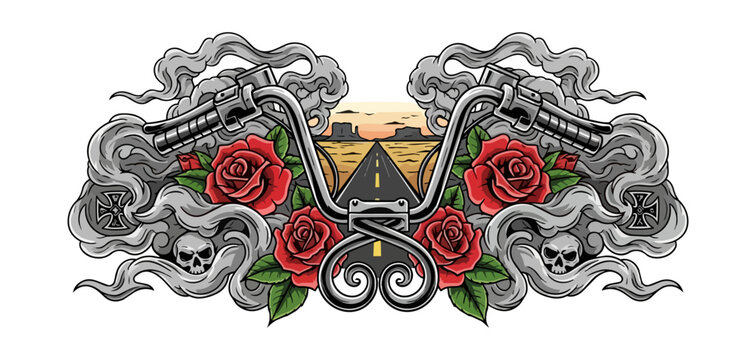 Motorcycle handlebars with roses skulls and road design