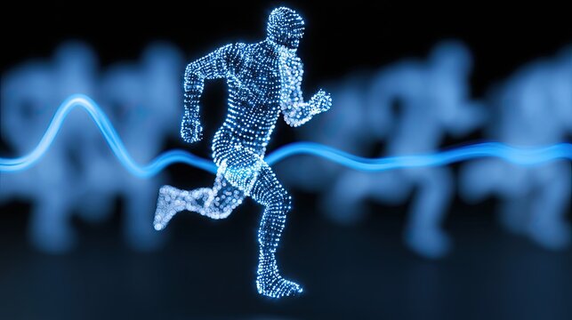 Abstract glowing digital runner, data stream, blurred figures behind